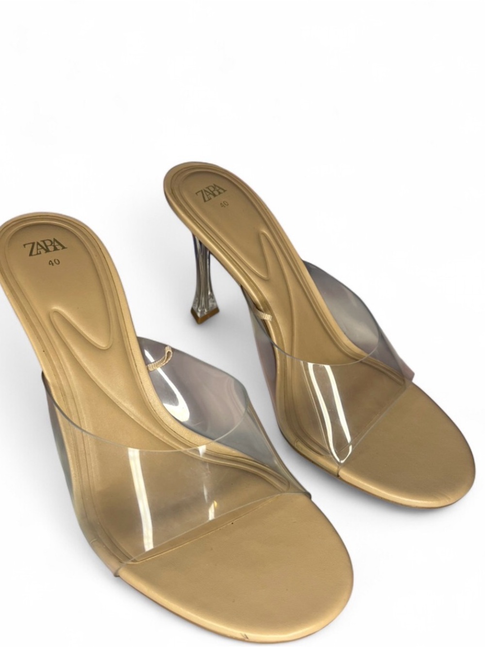 Women’s ZARA Laminated High Heeled Transparent Vinyl Front Strap Mule Sandals 9 - Picture 3 of 11